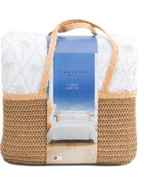 Calypso St. Barth White Cotton Quilt Set - Soft White Palm Print